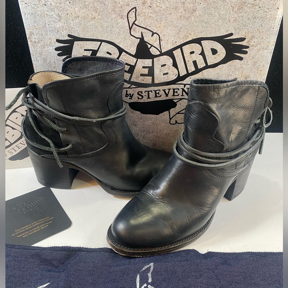 Freebird by Steven Black Leather Wrap-Strap Heeled Ankle Boots